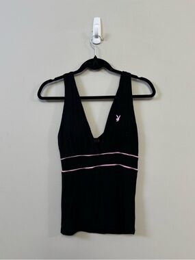 Playboy bunny Y2K Vintage black pink embroidered plunge neck tank top